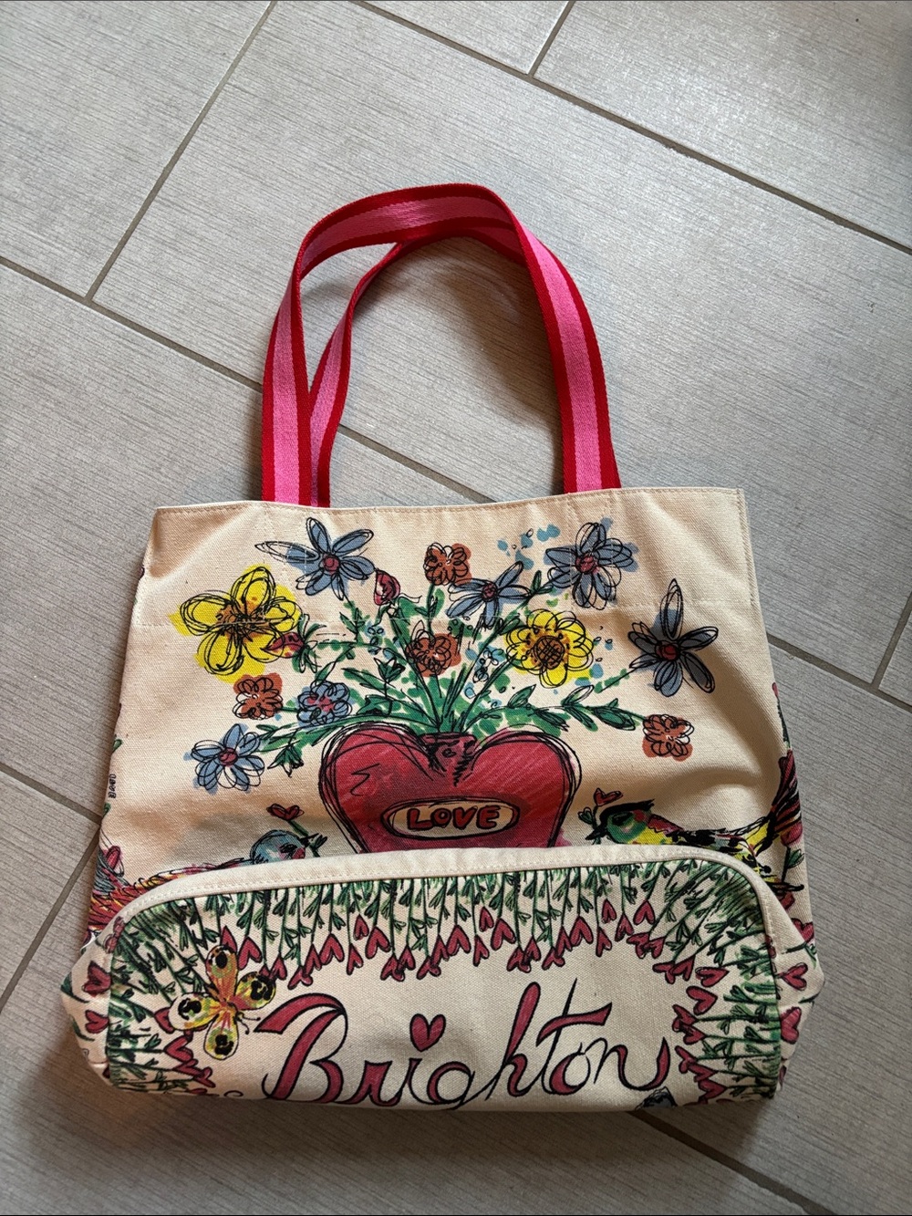 Brighton Tote with Pink Straps and Multicolor Floral Heart - Picture 2 of 5